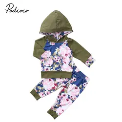 Осень цветочные детские одежда с капюшоном для новорожденных Обувь для девочек Цветок Толстовка Топы и длинные штаны Комплект одежды