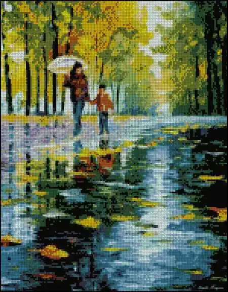 

Free delivery Top Quality counted cross stitch kit raining mother and child walk in rain