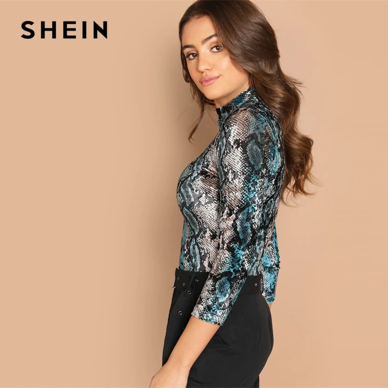 SHEIN, многоцветный топ из змеиной кожи с воротником-стойкой, элегантный пуловер с воротником-стойкой, осень, повседневная женская футболка, топ