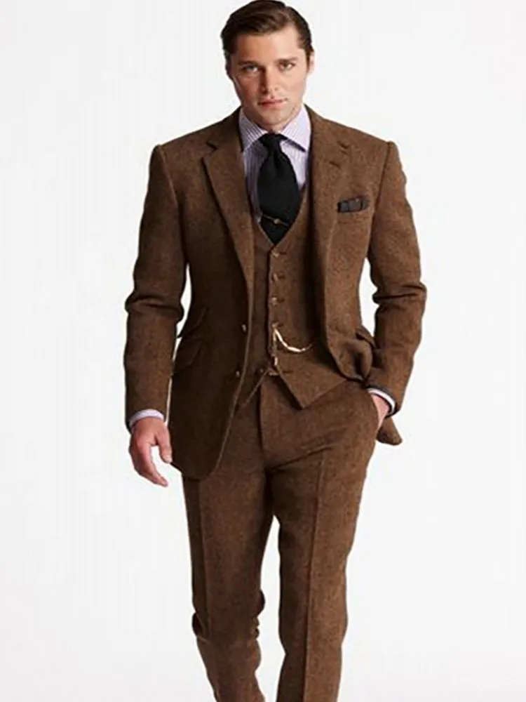 10807 8 De Réduction2019 Dernières Conceptions Marron Tweed Costume Hommes Costumes De Mariage Marié Smoking 3 Pièces Formel Hommes Costume Ternos