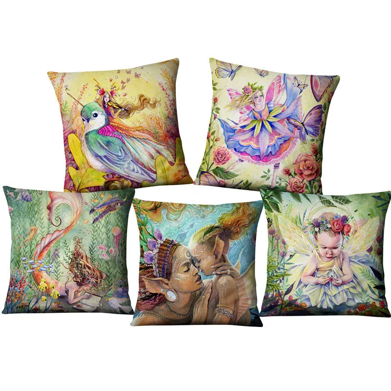 

Flower Fairy Tale Mermaid Cushion Cover Set Oil Painting Character Plant Bird Green Blue Linen Throw Pillow Case Room Decoration