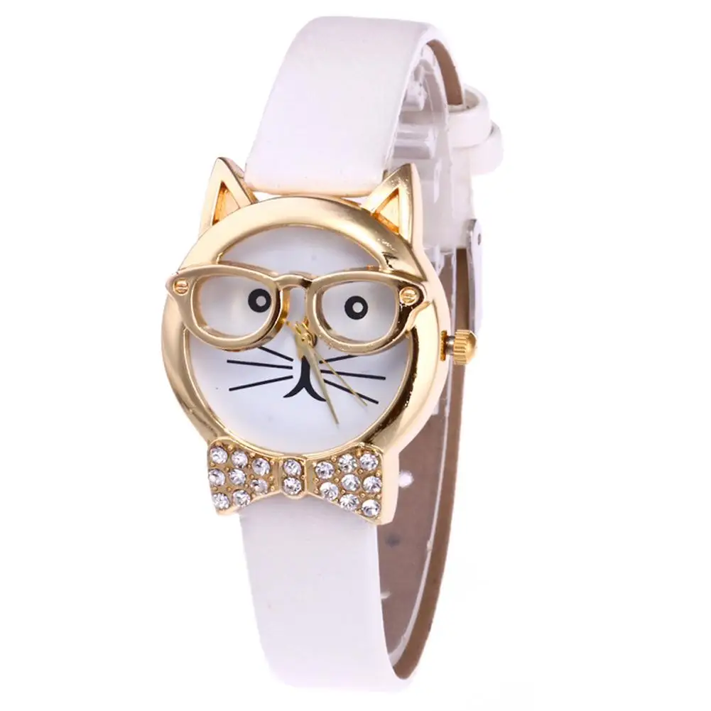 Cute Cat Face Round Dial Rhinestone Faux Leather Women Analog Quartz
