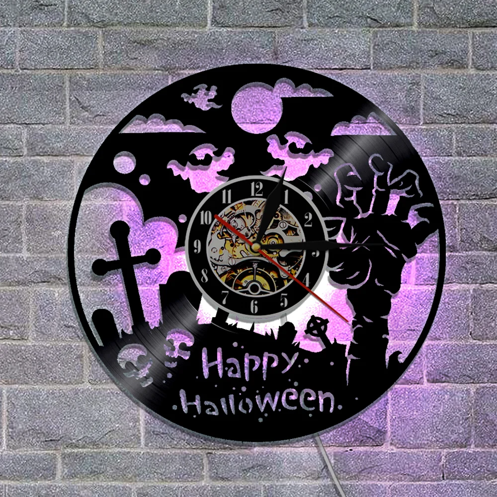 1Piece Happy Halloween LED Light Wall Clock Made Of Vinyl Laser Etched