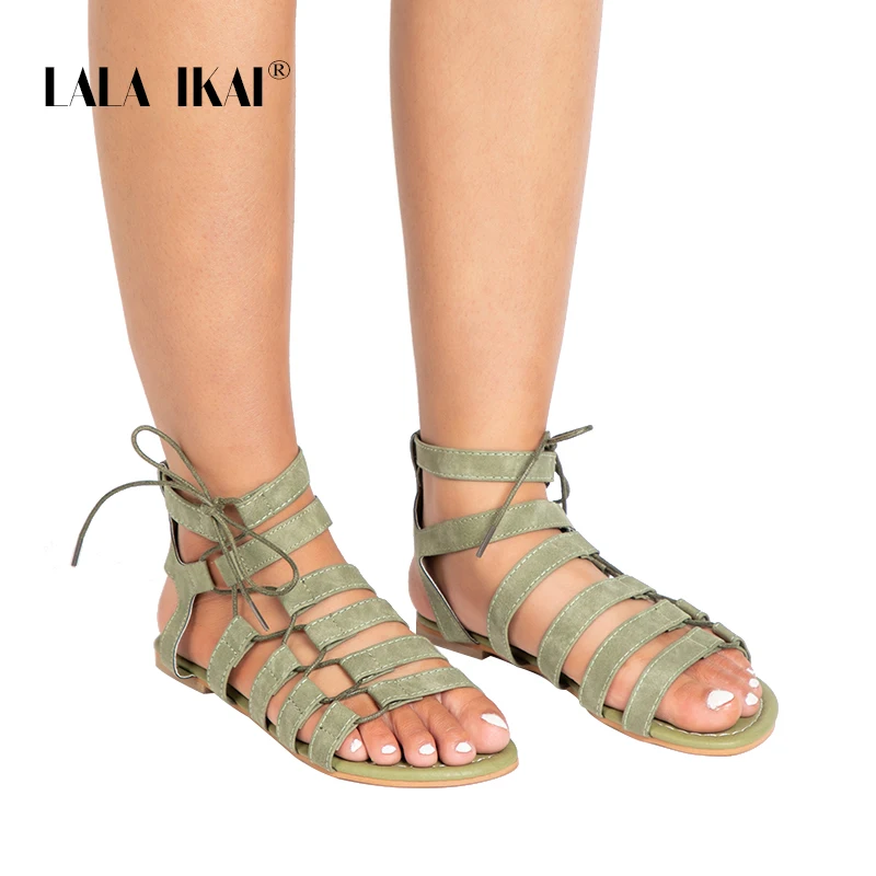 LALA IKAI/сандалии-гладиаторы; женские сандалии с ремешком на щиколотке; женские пляжные сандалии на плоской подошве со шнуровкой; женская летняя обувь; 014A1482-4