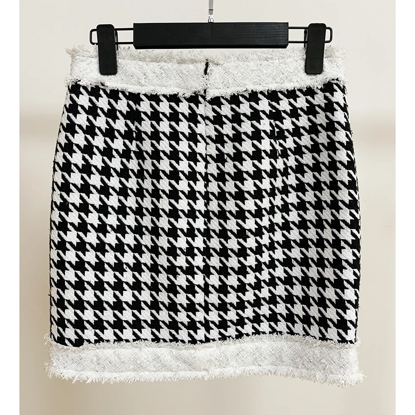 Wysokiej dobrej jakości, najnowsze 2021 jesień zima barokowy projektant spódnica damska frędzlami guziki z lwem Houndstooth Tweed Mini spódnica 3 Wysokiej dobrej jakości, najnowsze 2021 jesień zima barokowy projektant spódnica damska frędzlami guziki z lwem Houndstooth Tweed Mini spódnica 3
