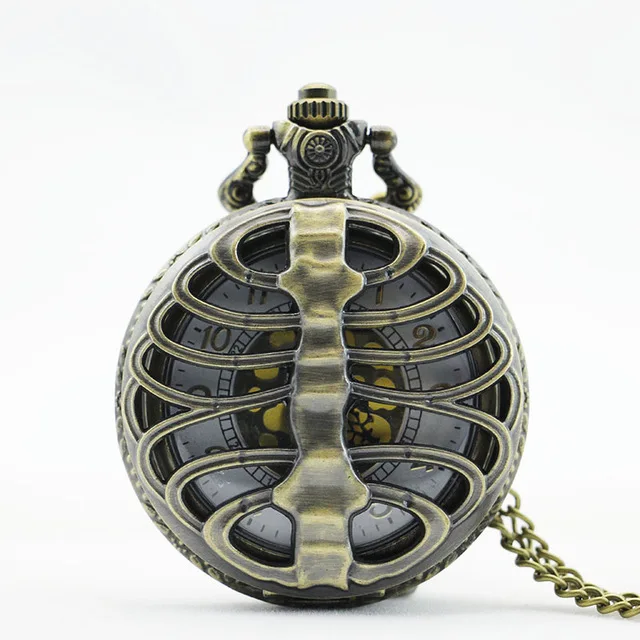 

Best Spine Ribs Hollow Design Bronze Mens Pocket Watch White Dial with FOB Chain Quartz Pocket Watch CF1074