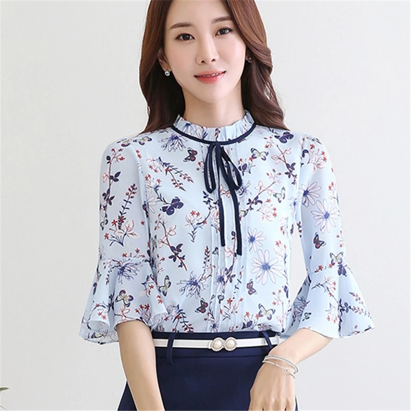 women floral print shirt vintage O Neck Short Butterfly