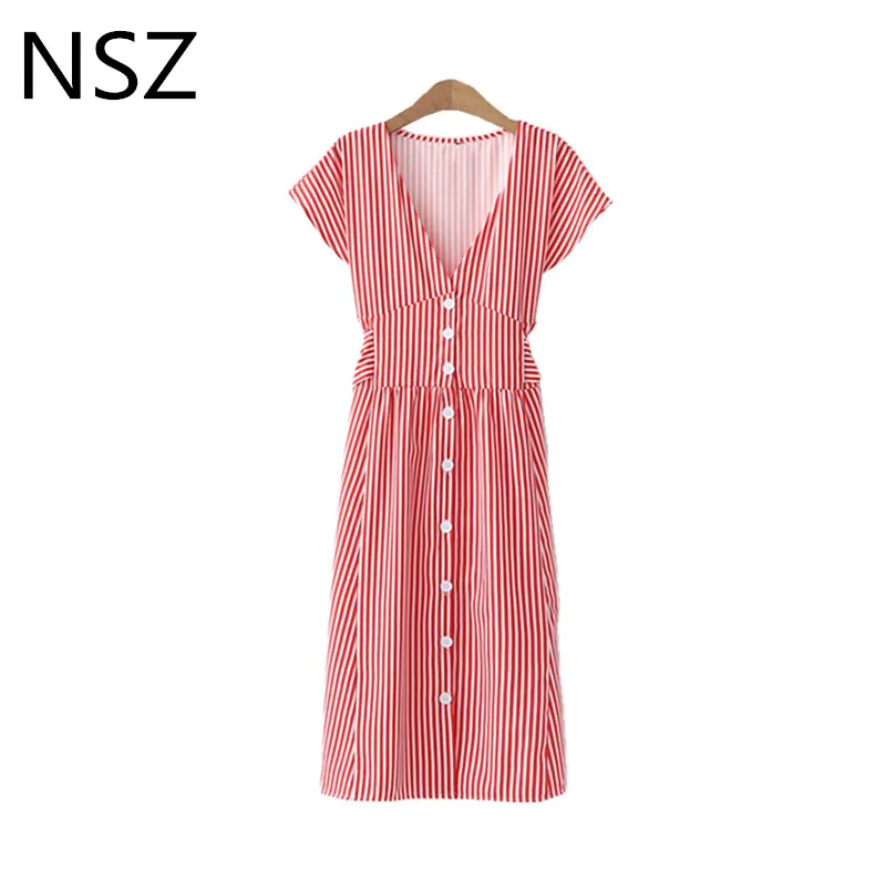 

NSZ Women Red Striped Dress Summer Short Sleeve V Neck with Belt Button Knee-Length Dress Vestidos