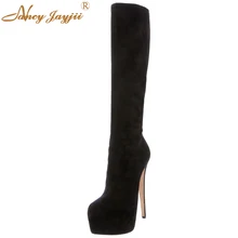 Женские черные замшевые сапоги на платформе из мягкой кожи и бархата 160 г. Уличная и зимняя обувь с боковой молнией и закрытой пяткой, большие размеры 4-16