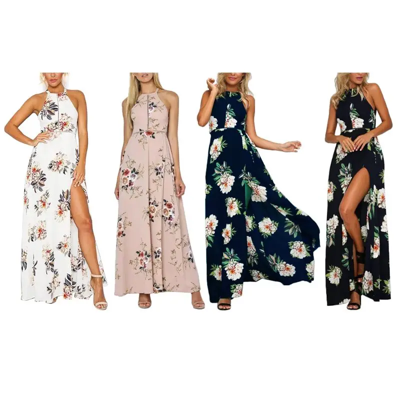 

Women Summer Sleeveless Halter Neck Evening Party Maxi Wrap Dress Bohemian Floral Lace Up Hollow Backless High Split Sundress