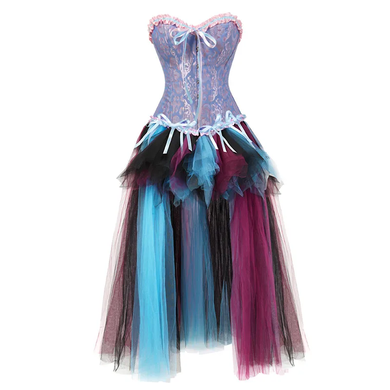 

Burlesque Corset Dress High Waist Long Skirt Plus Size Corset Lingerie Top and Skirt Set Showgirls Cosplay Costume Sexy Blue