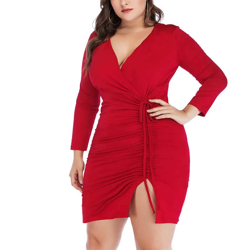 Большие размеры Xl/XXl/XXXl/XXXXl/XXXXXl размера плюс облегающее платье с v-образным вырезом и высокой талией сексуальное платье знаменитостей средней длины стильные женские вечерние платья - Цвет: red