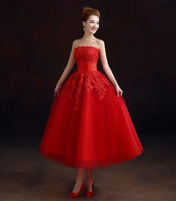 Strapless Tea Length Red Dress