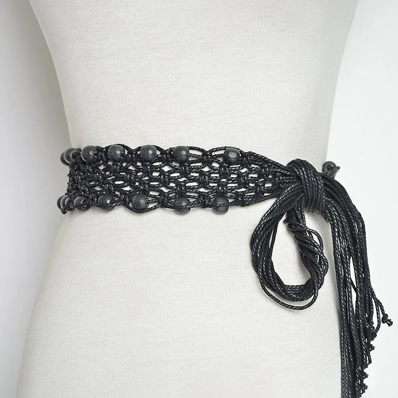 

Woman Hollow Woven Female Hand-Beaded Braided Belt New Vintage Knitted Wax Rope Wooden Bead Waist Rope Women Belt