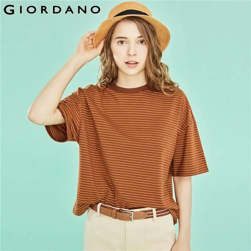 

Giordano Women Tshirt Women 2019 Summer New Arrivals Contrast Color Stripes T-shirt Girl Cotton Spandex Colorful Camisa