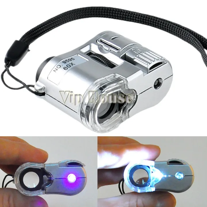 Silver 60X Mini Pocket Magnifier Microscope Loupe LED Currency UV Detector Dropshipping 50 | Инструменты