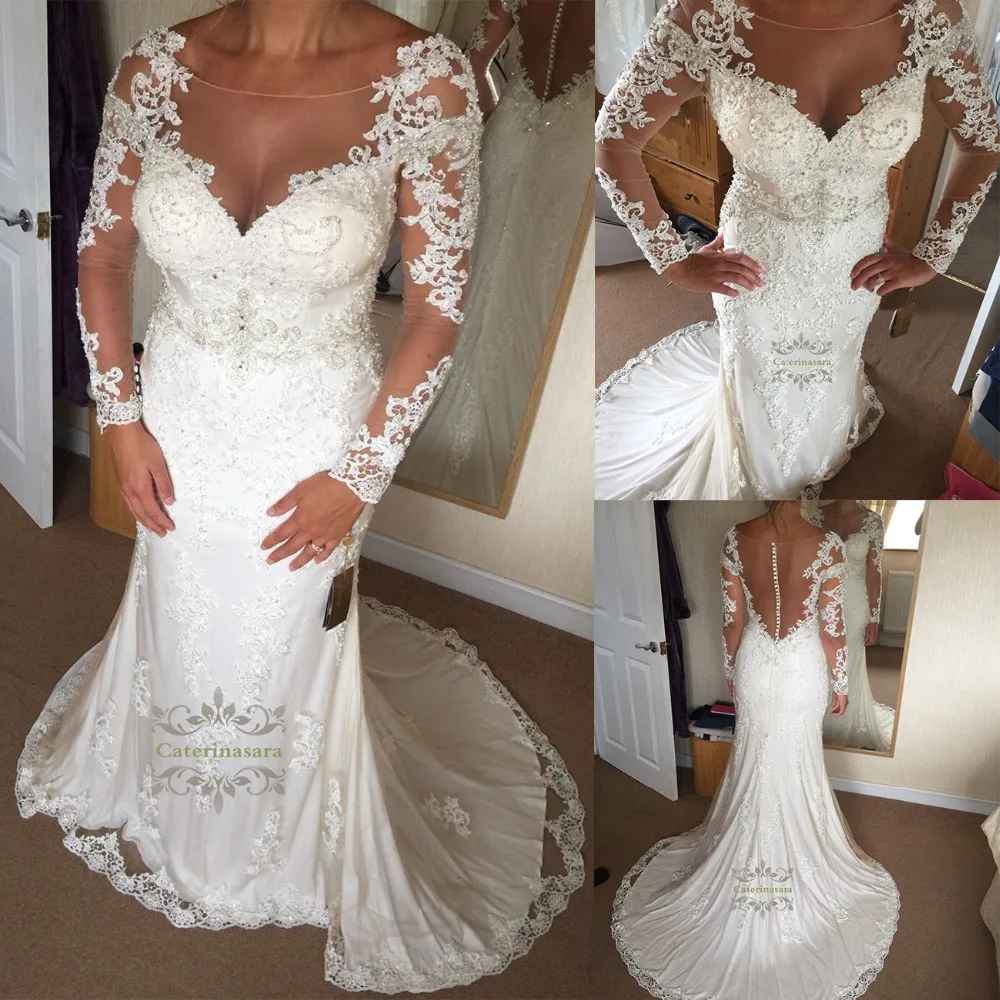 

Mermaid Trumpet Wedding Dresses Scoop Neck Court Train Satin Lace Over Tulle Bride Gown with Beading Illusion Long Sleeves