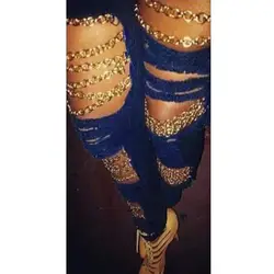 2019 летние женские сексуальные Клубные рваные джинсы модные облегающие цепочка на джинсы узкие брюки с высокой талией