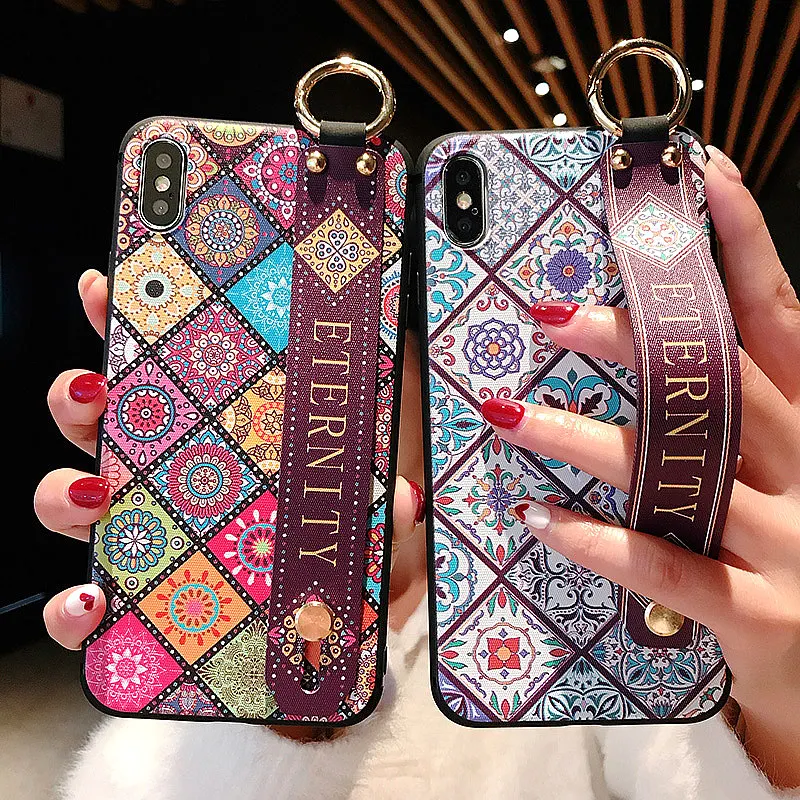 

Wrist Strap Soft TPU Case For iphone 7 8 6 6s plus Case For iphone X Xs max XR Vintage Flower Pattern Phone Holder Case