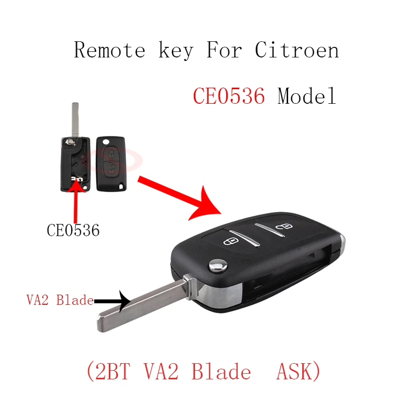 

2Buttons CE0536 Remote Alarm Flip Key Fob 433MHz For Citroen C2 C3 C4 PICASSO Transponder Chip PCF7961 ASK Signal