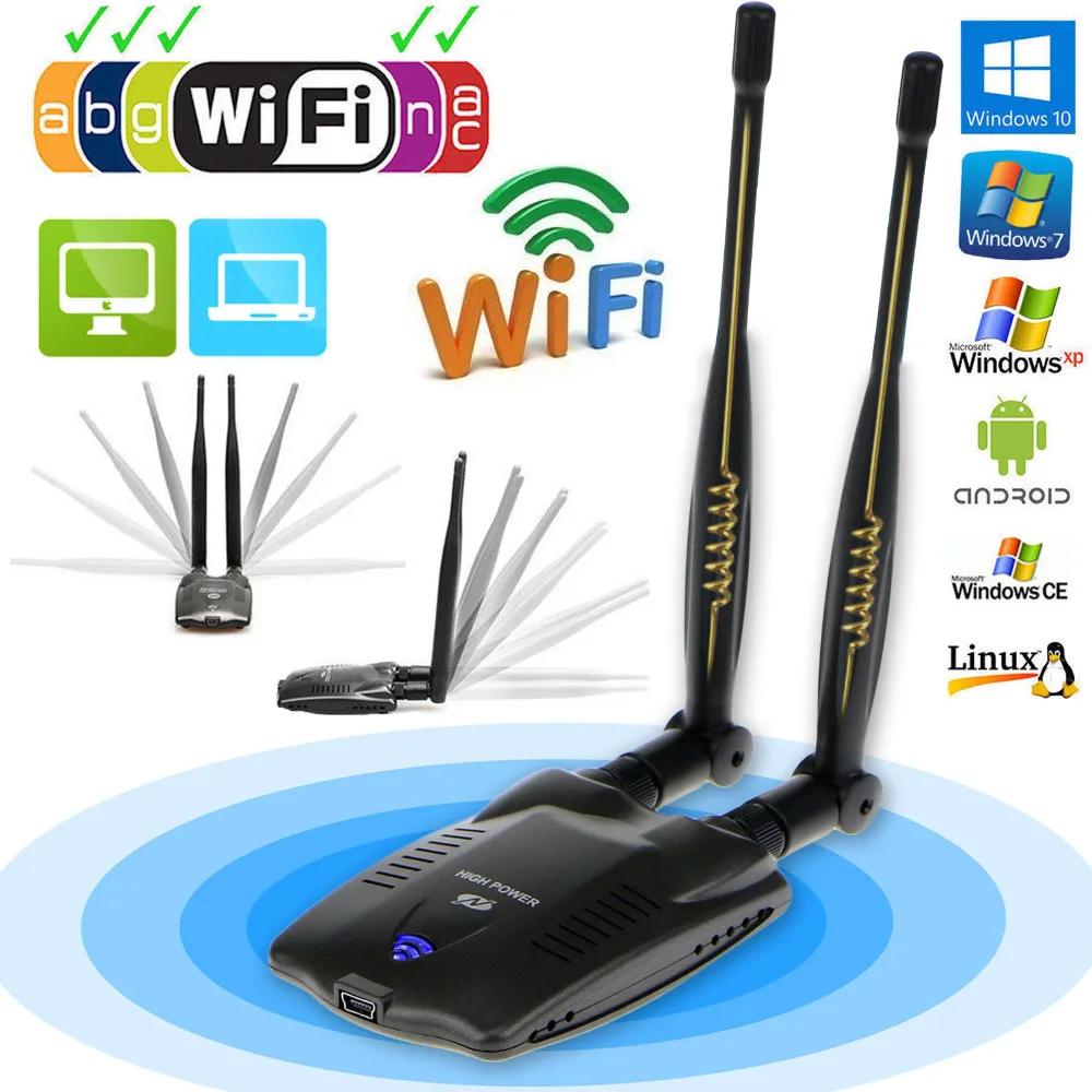 Высокая мощность 2 антенны 6dBi USB беспроводной Wi-Fi адаптер 150 Мбит/с 802,11 b/g/n
