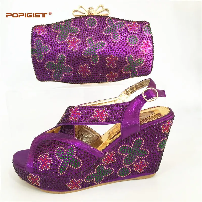 Purple Color African Matching Shoe and Bag Set Decorated with