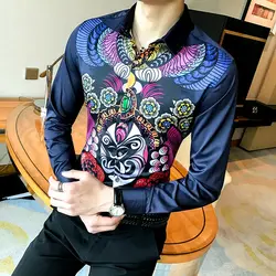 Китайский Стиль рубашка с принтом Для мужчин 2018 осень-зима Новый Slim Fit Для мужчин Повседневное рубашки с длинным рукавом плюс Размеры Для