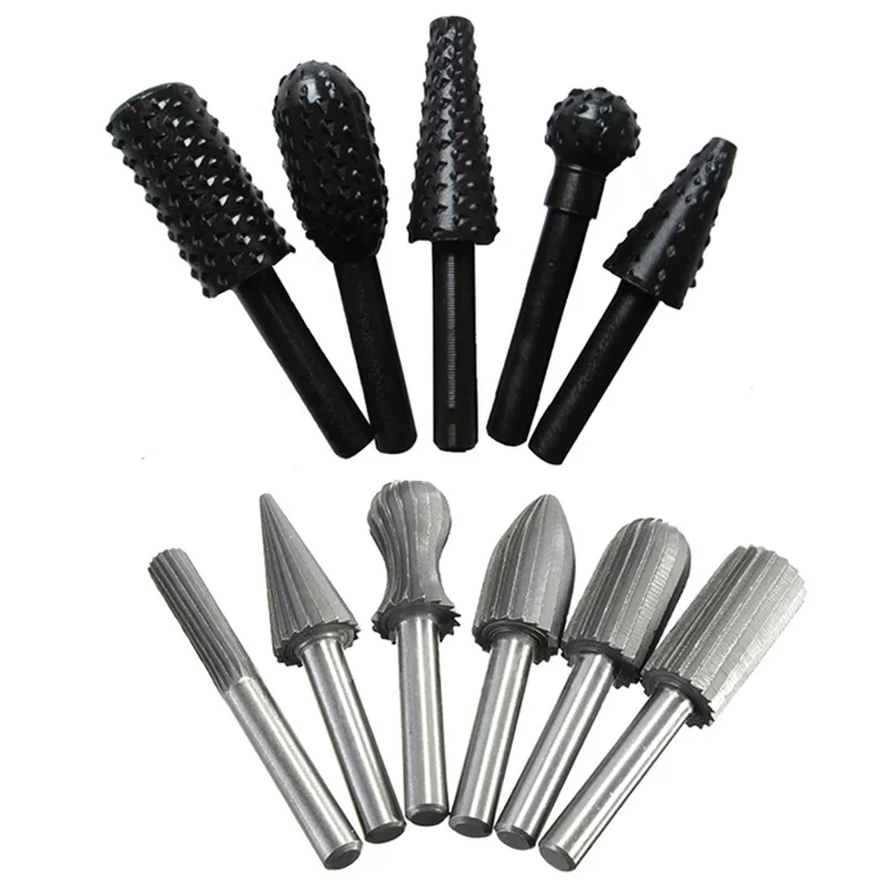11 Pieces 1/4" Shank Carbon Steel Wood Rasps Rotary Rasp Files Carbide Burrs Drill Bit Set for