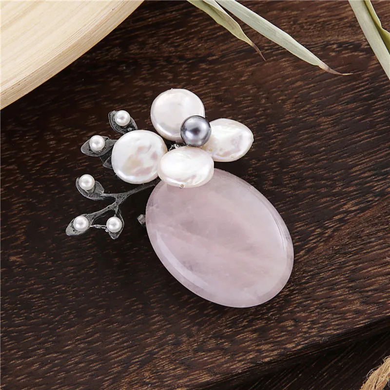 TDQUEEN Brooches Antique Silver Plated Natural Stone Broches Zinc Alloy Vintage Pin Jewelry Baroque Pearl Flower Brooch 2