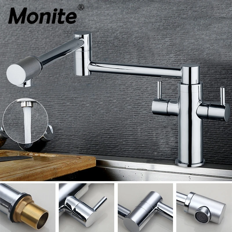 Monite Swivel Kitchen Sink Faucet Single Handle Hot And Cold Mixer Tap Chrome Finish Faucet  Brass Folding Deck Mounted
