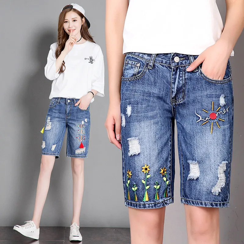 Plus Size Thin Embroidered Shorts Jeans Woman Holes Ripped Jeans Women Beach Summer Shorts Capris Denim Short Pants Women C4462