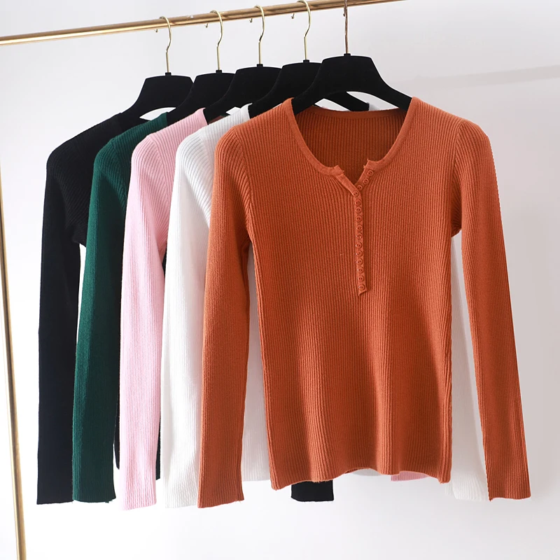 

Women Sweater Pullover Basic Knitted Cotton Tops female Solid v-Neck button Jumper Long Sleeve Sweaters Autumn Winter 2019