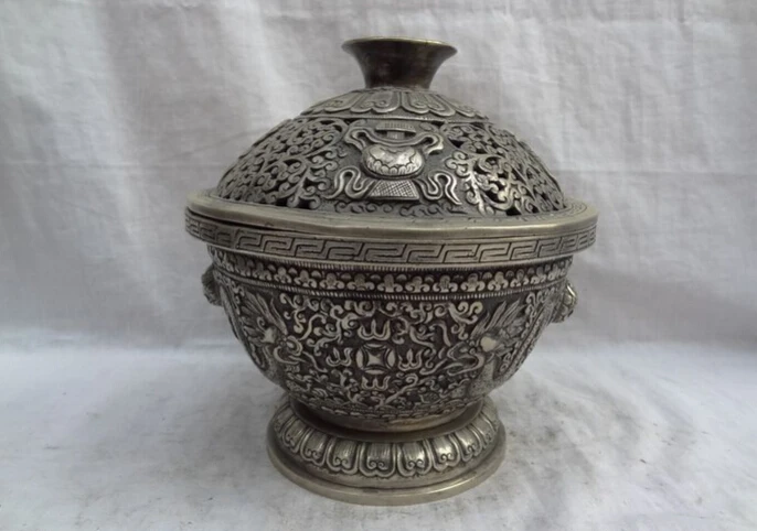 

S3010 Chinese Silver 2 Dragon Coin Statue Tibet 8 Auspicious Symbol Box Incense Burner D0318