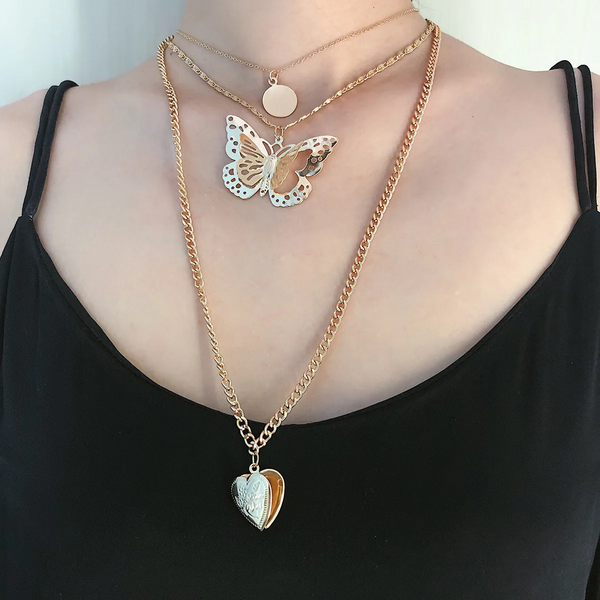 Download Hiphop Long Chain Layered Necklace for Women Heart Photo ...