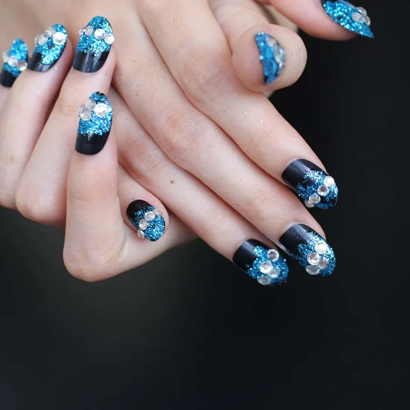 Hot 2018 New Design Beautiful Delicate Oval Hand Made Candy 2018 Hot New Design Beautiful Delicate Oval Hand Made Candy 24pcs Fake Nails Blue Powder W28