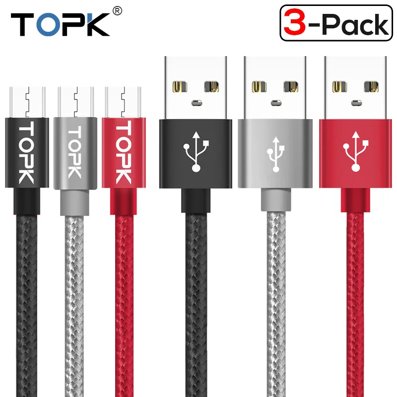 TOPK [3-Pack] Micro USB кабель в нейлоновой оплетке для синхронизации данных и зарядки USB кабель для samsung Xiaomi huawei Microusb Android устройства