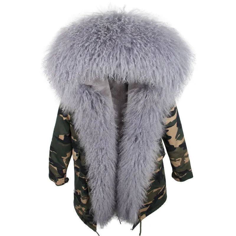 Новинка года Длинная зимняя куртка для женщин пальто парка серебро армейский зеленый Natura натуральной овечьей меховой воротник капюшон парк - Цвет: color 7