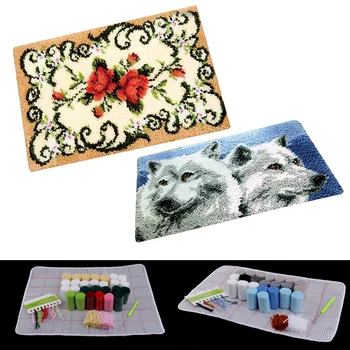 

2 Sets DIY Flower Wolf Latch Hook Kit Embroidery Needlework Supplies for Rug Pillow Mat Cushions