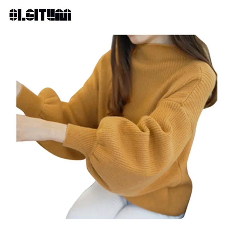 

New OLGITUM Korean Style Spring Autumn Half Collar Sweater Pullover Bottoming Lantern Sleeve Loose Sweater Female SW323