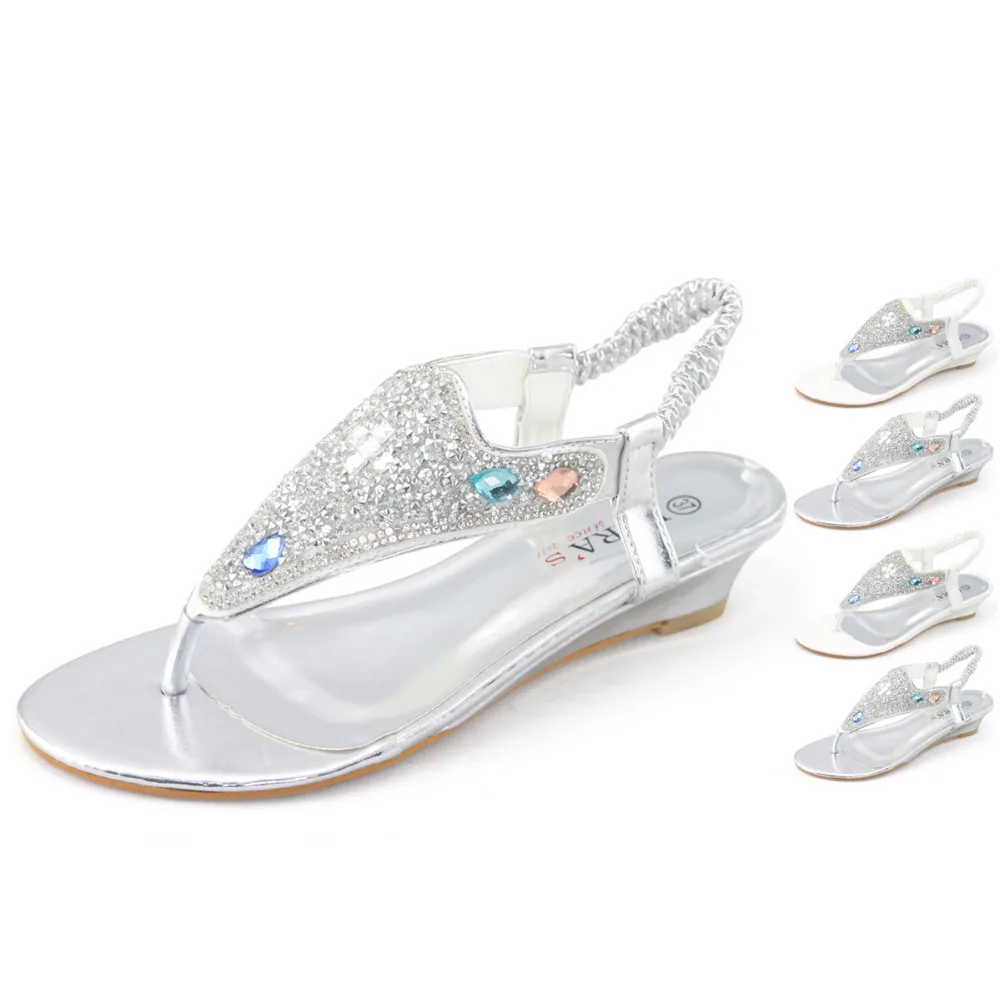 silver sandals with rhinestones low heel