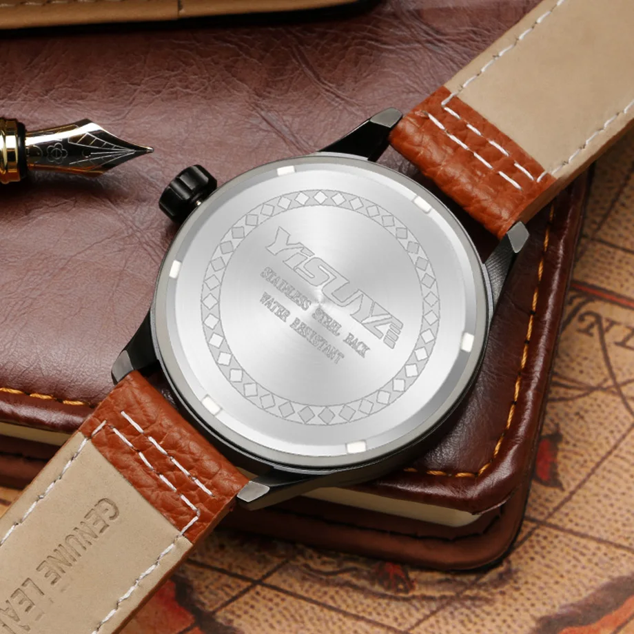 YISUYA Men's Sports Watch Luxury Date Genuine Leather Brown Wrist Watches Male Pilot Military Japan Quartz Watch Relojes  (15)