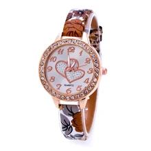 Loving Heart Dial Watch Women Wrist Floral Print Leather Bracelet Watches Diamond Dress Clock Quartz Watch Relojes Montre Z510