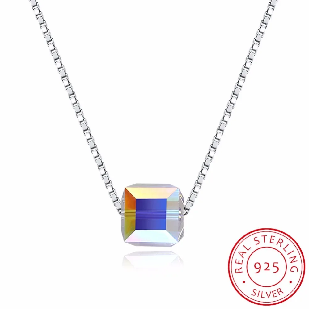 

Lekani Fine Jewelry Multicolor Cube Bead Crystal From Swarovski Pendants Necklaces Simple Fashion S925 Silver Collares For Women