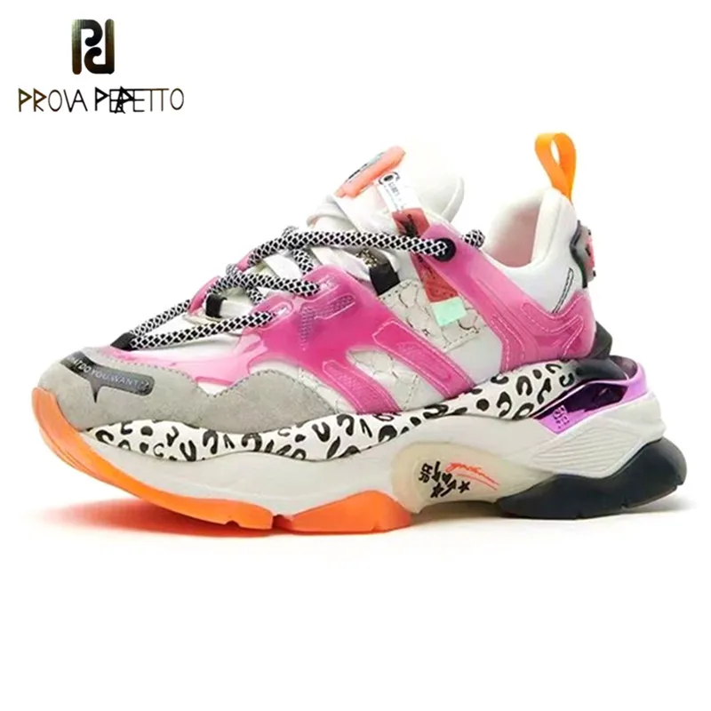 

Prova Perfetto Plateform Sneakers Women Fashion Leopard Genuine Leather Vulcanized Shoes Chunky Sneakers Street Dad Shoes Femme