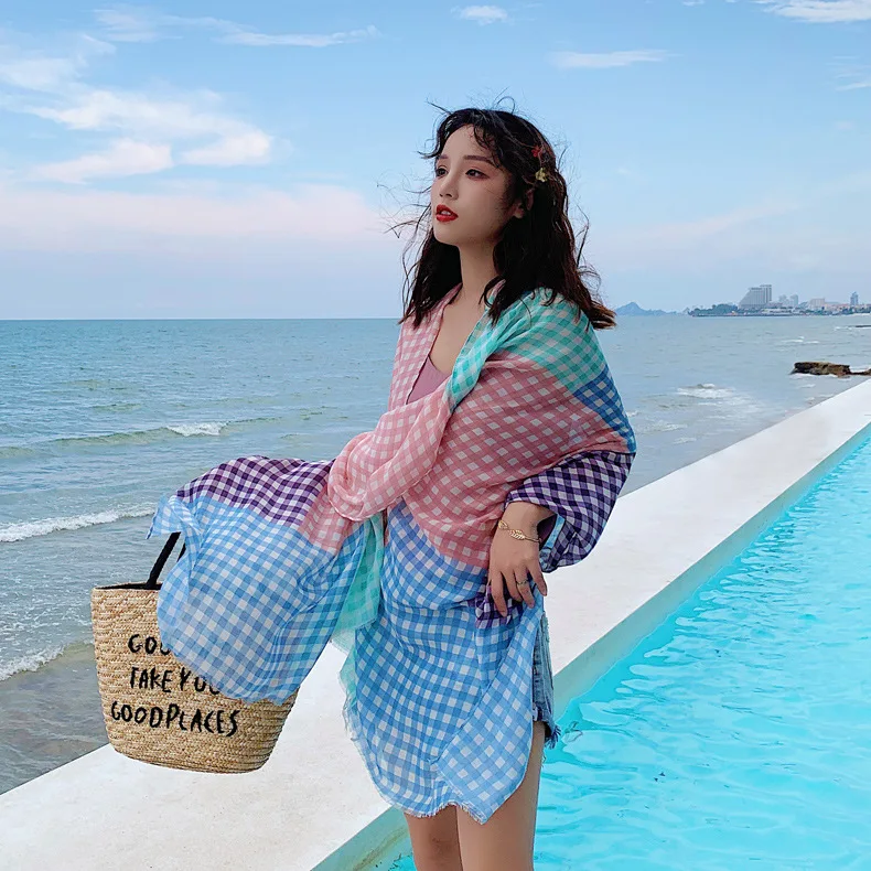 Cotton and Linen Scarf Women Spring Autumn Thin Blue Little Plaid Check Shawl Versatile New Travel Sunscreen Beach Towel |