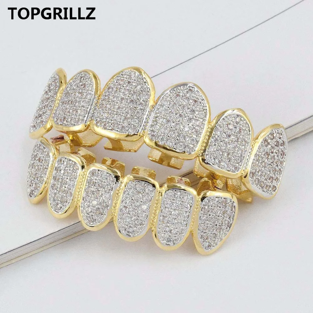 

TOPGRILLZ New Custom Fit Gold Teeth Grillz Micro Pave CZ Top & Bottom Hip Hop Grillz Set Vampire &Classic Teeth Grills