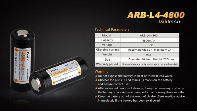 Fenix ARB-L4-4800 Высокая емкость 4800 мАч 3,7 В 26650 литий-ионная аккумуляторная батарея