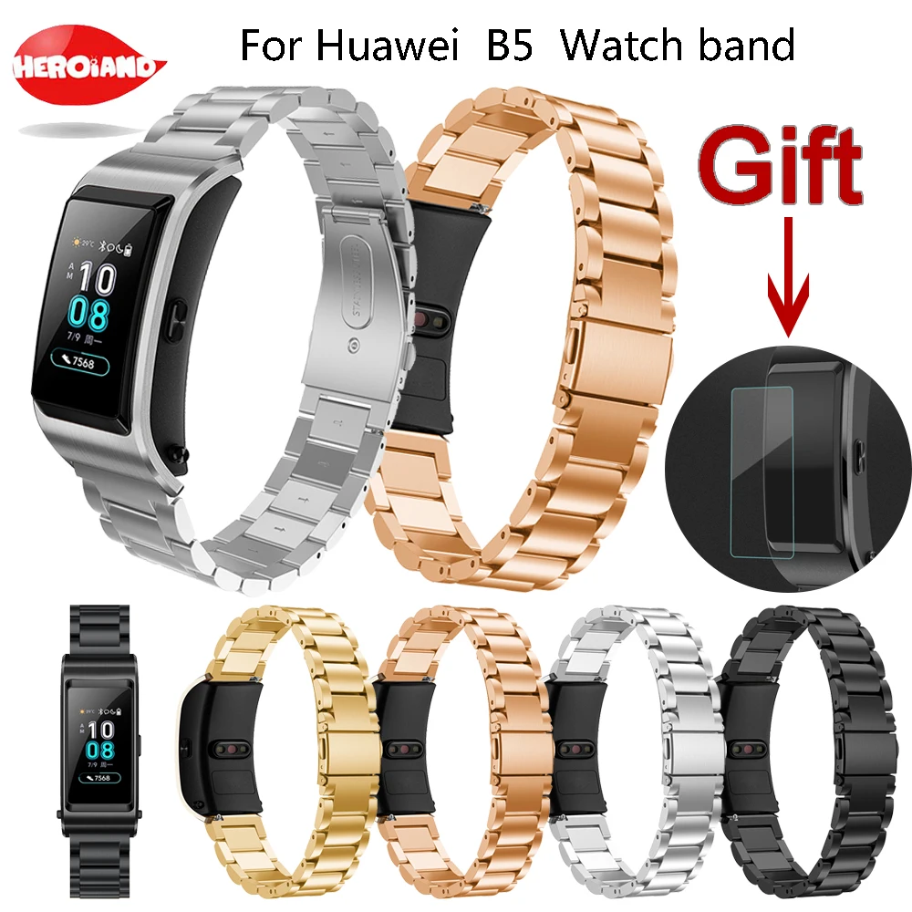 Для huawei B5 ремешки для умных часов модный роскошный чехол-книжка с ремешком для ремешка для huawei B5 Stailess Сталь браслет на запястье+ Защитная пленка на экран