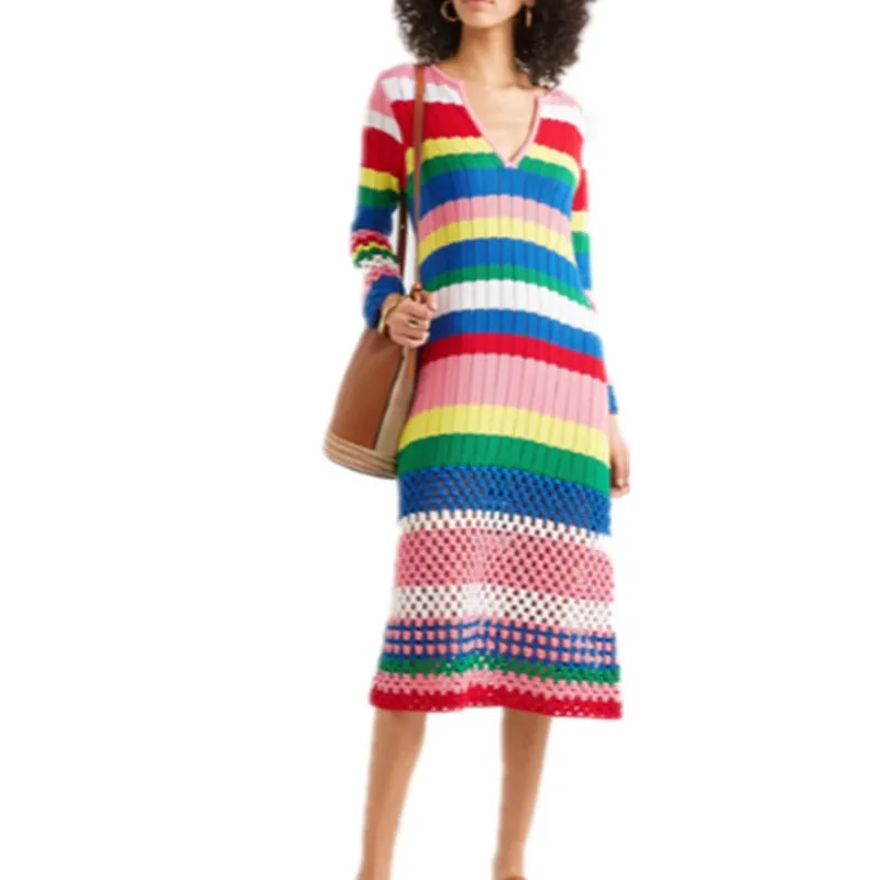 

Women Rainbow Striped Knitted Dress 2019 Summer Fashion Long Sleeve Hollow Out Thin Crochet Knit Loose Casual Dress Robe Femme