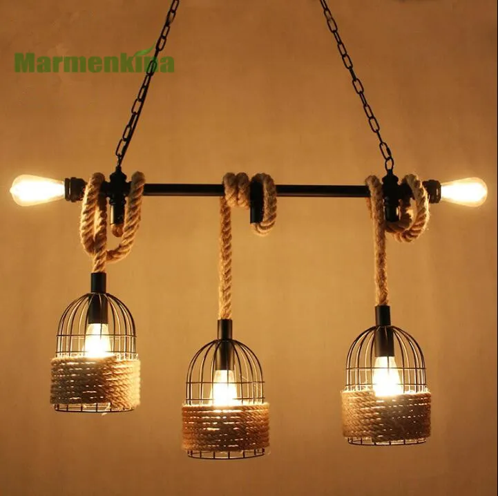 

Hemp rope chandelier retro industrial style bar restaurant cafe creative birdcage bar shop decoration lights.E27*3,AC110-240V